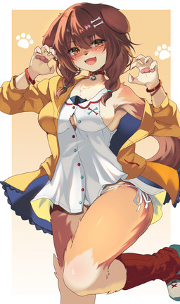 alternate_species anthro big_breasts blush bone_hairclip breasts brown_body brown_fur brown_hair claw_pose clothed clothing collar collared_shirt colorful_background dress dress_shirt fangs feet_out_of_frame female floppy_ears footwear fur furrification gradient_background hair jacket kemono loose_socks low_twintails off_shoulder on_one_leg paws red_clothing red_collar red_footwear red_socks shirt shoes short_dress simple_background single_off_shoulder sleeveless_dress sneakers socks solo standing tail teeth text topwear white_background wristband yellow_background yellow_clothing yellow_jacket_(clothing) yellow_topwear an_chobi94 hololive vtuber inugami_korone bird_dog canid canine canis domestic_dog hunting_dog mammal spaniel artist_name digital_media_(artwork) hi_res portrait three-quarter_portrait