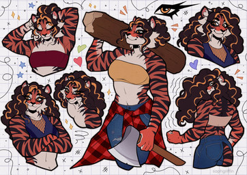 anthro axe bandeau bottomwear clothing denim denim_bottomwear denim_clothing female jeans midriff muscular muscular_female pants plaid solo topwear torn_bottomwear torn_clothing torn_jeans torn_pants saphgriffin felid mammal pantherine tiger hi_res sketch_page