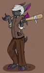 3_toes 4_fingers anthro bat_(object) belt bottomwear brown_background claws clothed clothing eyewear feet fingers fur glasses grey_body grey_fur hair holding_object humor male necktie pants pink_claws pun purple_eyes shirt simple_background solo tail toes topwear vest white_hair wings phenris bat mammal absurd_res hi_res