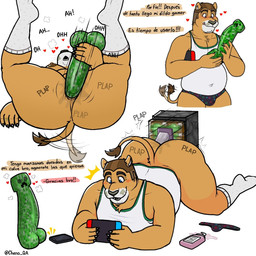 all_fours anal anal_masturbation anal_penetration anthro anthro_penetrated areola ass_up belly big_butt blush bottle bottomless bottomless_anthro bottomless_male bubble_butt bulge butt cellphone claws clothed clothing container dialogue dildo dildo_in_ass dildo_insertion discarded_clothing electronics eyebrows footwear fucking_machine fur hair heart_symbol looking_pleasured lube_bottle lying machine male male_penetrated masturbation motion_blur motion_lines musclegut muscular muscular_anthro muscular_male nipples object_in_ass on_back onomatopoeia open_mouth overweight penetration phone sex_toy sex_toy_in_ass sex_toy_insertion shirt simple_background smartphone smile socks solo sound_effects spiral spiral_eyes standing tail tail_motion tailwag tank_top text thick_thighs topwear tuft underwear white_background cheno_qa microsoft minecraft minecraft_sheep_fucker mojang nintendo nintendo_switch xbox_game_studios creeper_(minecraft) felid lion mammal pantherine 1:1 2025 hi_res spanish_text translation_check translation_request