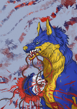 ambiguous_gender angry bared_teeth biting_rope blood blood_in_mouth blood_on_face blue_body blue_fur bodily_fluids death decapitation duo feral fur green_eyes nosebleed open_mouth political_cartoon politics propaganda red_body red_eyes red_fur rope russia russian russian_federation sharp_teeth teeth teeth_showing text tongue tongue_out ukraine violence war white_body white_fur wounded yellow_body yellow_fur yellow_nose yellow_underbelly skrymer1 russo-ukrainian_war bear canid canine canis mammal wolf 2022 digital_drawing_(artwork) digital_media_(artwork) hi_res ukrainian_text