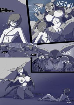 assisted_exposure backpack big_breasts blush breasts clothed_to_nude clothing clothing_destruction female forced forced_exposure genitals heart_eyes heart_symbol male night nude palmorph shirtless_male spread_legs spreading star tearing_clothing text tongue torn_clothing vulva banditofbandwidth_(artist) palworld pocketpair pal_tamer human lovander mammal pal_(species) absurd_res comic hi_res monochrome