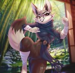 anthro blue_clothing bottomwear brown_eyes clothed clothing female fur grey_body grey_fur legs_up logo pants seductive smile solo standing tail tight_clothing purrynx dreamworks kung_fu_panda zhen_(kung_fu_panda) canid canine corsac_fox fox mammal true_fox 2024 artist_logo artist_name