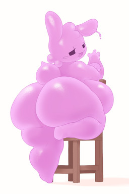 anthro big_breasts big_butt biped breasts butt chair eyelashes featureless_breasts feet female fingers furniture glistening glistening_body huge_breasts huge_butt leaning leaning_forward looking_at_viewer looking_back monotone_body narrowed_eyes nude nude_female obese on_one_leg open_mouth open_smile overweight pink_body pink_ears rear_view scut_tail short_tail simple_background simple_eyes smile solo standing tail thick_thighs white_background white_slime_(artist) gelbun goo_creature lagomorph leporid mammal rabbit 2026 digital_drawing_(artwork) digital_media_(artwork) hi_res