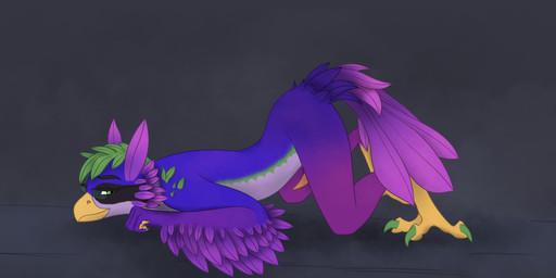 all_fours animal_genitalia animal_penis anthro arm_feathers ass_up beak biped blue_body claws erection feather_ears feathers feet fur genitals green_claws green_eyes hair head_feathers looking_back male penis purple_hands side_view solo tail tail_feathers talons tapering_penis toes yellow_beak yellow_talons red_the_kitsune avian 2026 digital_media_(artwork) full-length_portrait hi_res portrait shaded watermark