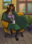 anthro bedding blanket bra chair clothing coffee_mug cozy ear_piercing ear_ring female furniture lingerie orange_eyes piercing relaxing ring_piercing solo teeth underwear thehatredburrito grata gnoll hyena mammal absurd_res hi_res