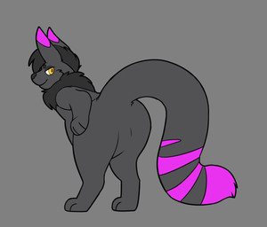 ambiguous_gender animated_gif anthro black_body black_fur bouncing butt featureless_crotch fur grey_body grey_fur hair looking_at_viewer looking_back paws pink_body pink_fur pose presenting shaking_butt simple_background smile solo standing yellow_eyes scottyfox canid canine helian mammal 2021 animated digital_media_(artwork) short_playtime