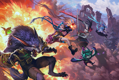 action_pose ammunition anthro barefoot belt black_hair blue_hair boots bottomwear claws clothing detailed_background explosion feet female footwear fur green_hair group hair holding_melee_weapon holding_object holding_ranged_weapon holding_sword holding_weapon jumping long_hair male melee_weapon open_mouth pawpads plant pose purple_body purple_fur ranged_weapon ruins shoes short shorts smile sword tail tree weapon akreon league_of_legends riot_games tencent jinx_(lol) shadow_(lol) vex_(lol) warwick_(lol) canid human humanoid mammal yordle 2022 digital_media_(artwork) official_art