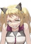 accessory animal_humanoid blonde_hair breasts cinko clothed clothing eyelashes female hair hair_accessory hairclip hi_res humanoid looking_at_viewer smile solo teeth yellow_eyes