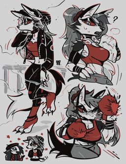 3_toes 4_fingers anthro armband athletic black_clothing black_jacket black_kirt black_topwear bodily_fluids bottomwear boxing_gloves choker claws clothing feet female fingers fluffy fluffy_tail fur grey_bottomwear grey_clothing grey_pants hair handwear jacket jewelry long_hair midriff necklace pants question_mark red_clothing red_sclera red_topwear slim sweat tail toe_claws toes topwear towel white_body white_eyes white_fur white_hair wraps wrist_wraps devilk hellaverse helluva_boss mythology loona_(helluva_boss) octavia_(helluva_boss) avian bird canid canid_demon canine demon hellhound mammal mythological_canine mythological_creature owl 2021 hi_res multiple_scenes restricted_palette signature