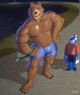 4_toes ambiguous_anthro ambiguous_gender anthro bag barefoot biceps big_muscles biped black_nose blank_stare blue_body blue_eyes blue_fur bottomwear broad_shoulders brown_body brown_fur brown_lips brown_nipples brown_nose bulge butt cheek_tuft claws clothed clothing crotch_tuft deltoids dipstick_tail duo facial_tuft fangs feet fist footwear fur fur_hair green_eyes hand_on_hip head_tuft heterochromia high-angle_view holding_bag holding_lanyard holding_object inner_ear_fluff lanyard lips looking_at_another looking_at_viewer male markings multicolored_body multicolored_fur muscular muscular_anthro muscular_male narrowed_eyes navel night nipples outside pathway pecs plantigrade pond purple_eyes quads sandals sharp_teeth shirt shoes shorts simplified_characters size_difference smile snout standing stocky tail tail_markings tan_muzzle teeth text tight_bottomwear tight_clothing toe_claws toes toothy_smile topless topwear torn_bottomwear torn_clothing tuft two_tone_body two_tone_fur vein veiny_arms veiny_legs wear white_body white_fur sinzurinko1 marcus_(twistedfate03) bear canid canine mammal werecreature wereursid artist_name character_request hi_res shaded signature smaller_version_at_source