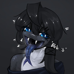 accessory ahoge anthro black_body black_clothing black_hair black_makeup black_scales blue_eyes blue_tongue blush bodily_fluids breath clothed clothing confusion countershade_scales countershading drooling emanata eyebrows eyelashes eyeshadow fangs female forked_tongue glistening grey_background grey_body grey_scales hair hair_accessory hairclip long_hair long_tongue looking_at_viewer makeup mouth_shot multicolored_body off_shoulder open_mouth pupils saliva saliva_string scales sharp_teeth shirt simple_background slit_pupils solo teeth text tongue topwear two_tone_body white_body white_scales atsuko_021 reptile scalie snake 1:1 hi_res portrait