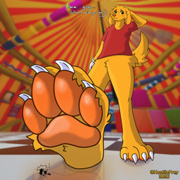 circus_tent clothing digitigrade ears_down exclamation_point feet floppy_ears foot_fetish foot_focus foreshortening fur gloves group handwear hindpaw inside low-angle_view macro male micro monotone_body monotone_fur nails oblivious pawpads paws perspective pivoted_ears red_clothing red_shirt red_t-shirt red_topwear shirt short_sleeved_shirt silhouette size_difference solo_focus t-shirt text topwear white_clothing white_gloves white_handwear yellow_body yellow_eyes yellow_fur hostileprey glitch_productions the_amazing_digital_circus bizco_(tadc) rattie_(tadc) scratch_(tadc) spike_(tadc) wormo_(tadc) canid canine canis domestic_dog mammal 1:1 absurd_res artist_name english_text hi_res