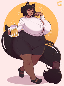alcohol anthro beer beer_mug belly beverage big_belly big_breasts big_tail black_hair bottomwear breasts brown_body brown_fur cleavage clothed clothing cute_fangs eyes_closed facial_markings fangs female fur hair head_markings huge_breasts huge_tail huge_thighs laugh markings motion_lines navel open_mouth open_smile overweight overweight_female pants shadow shirt short_hair smile solo tail teeth text thick_thighs topwear wardrobe_malfunction wide_hips low_res_art canid mammal character_request hi_res signature