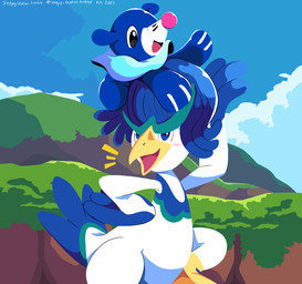 ambiguous_gender anthro beak black_eyes blue_body blue_eyes blue_feather_hair blush carrying_another cloud duo emanata feral looking_at_another markings on_head open_beak open_mouth plant size_difference sky tail tongue whisker_markings white_body sleepy_sealion nintendo pokemon avian bird generation_7_pokemon generation_9_pokemon pokemon_(species) popplio quaxwell 2025 absurd_res dated hi_res signature