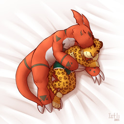 anthro briefs bulge clothed clothing duo lying male shota topless underwear young young_anthro young_male iztli bandai_namco digimon iztli_(iztli) digimon_(species) felid guilmon leopard mammal pantherine 1:1 2021 hi_res signature