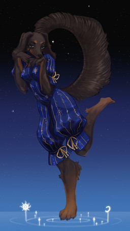 anthro black_body black_fur blue_clothing bow_ribbon brown_eyes clothing digitigrade embroidery female floppy_ears fluffy fluffy_tail fur nipple_outline ribbons ripples smile solo space star tail tawny_fur water nchprous elden_ring fromsoftware touhou angel_shadow canid canine canis dachshund domestic_dog hunting_dog long-haired_dachshund mammal 4k 9:16 absurd_res hi_res