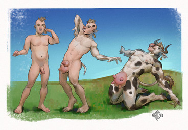 anthro facial_piercing genitals growth horn magic male nose_piercing outside penis piercing solo standing teat_growth teats transformation transformation_sequence udder_growth udders selezneva horns_and_hooves bovid bovine cattle human mammal