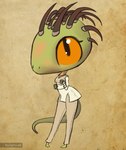 anthro chibi clothed clothing female fully_clothed green_body looking_up orange_eyes pigeon_toed simple_background solo spines standing white_clothing varlastreak bethesda_game_studios microsoft oblivion the_elder_scrolls runs-in-circles argonian scalie hi_res