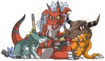 ambiguous_gender anthro armor bread candy chocolate claws dessert eating feral food green_body group headgear helmet horn red_body simple_background sitting smile standing tail trio white_background portugueselynx bandai_namco digimon digimon_(species) dinosaur greymon growlmon prehistoric_species reptile scalie wezengammamon hi_res