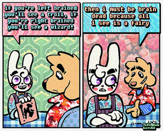 2_panel_comic aloha_shirt annoyed anthro bow_tie clothing crossed_arms dialogue duo floppy_ears fur half-closed_eyes humor male narrowed_eyes open_mouth open_smile overalls pattern_clothing pattern_shirt pattern_topwear rorschach_test shirt smile speech_bubble teeth text tooth_gap topwear white_body white_fur wide_eyed yellow_body yellow_fur rawdawgcomics bingus_(rawdawgcomics) stahli_(rawdawgcomics) bird_dog canid canine canis domestic_dog golden_retriever hunting_dog lagomorph leporid mammal rabbit retriever 5:4 comic english_text
