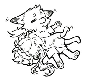 anthro barefoot chibi feet female fur hair lazy_eye lying male ponytail side_ponytail white_body white_fur mixia cricket_chen mixy_(mixia) arctic_fox canid canine fox human mammal true_fox