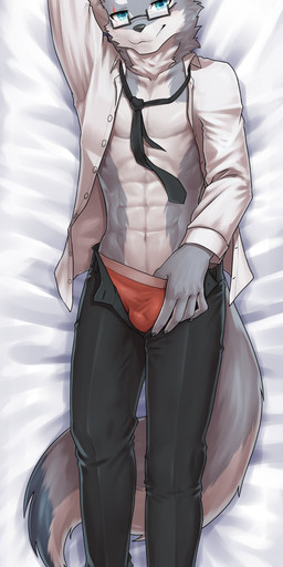 abs anthro bedding bedding_background black_bottomwear black_clothing black_necktie black_nose black_pants blue_eyes bottomwear bulge cheek_tuft closed_smile clothed clothing eyewear facial_tuft fur glasses grey_body grey_fur hand_behind_head head_tuft looking_at_viewer lying male mouth_closed muscular muscular_male necktie on_back pants pecs red_clothing red_underwear smile solo topwear tuft underwear white_body white_clothing white_fur white_topwear papayafurry canid canine canis mammal wolf 2022 absurd_res dated full-length_portrait hi_res portrait signature