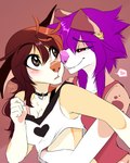 anthro breasts brown_hair clothed clothing duo eyebrows eyelashes female female/female hair hug purple_hair smile wolflady danika_(wolflady) sussan canid canine canis domestic_dog mammal 2023 digital_media_(artwork)