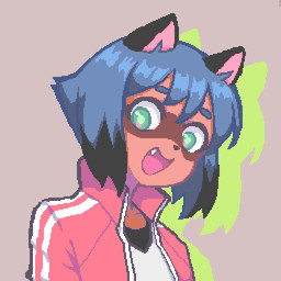 anthro blue_hair brown_body brown_fur clothed clothing female fully_clothed fur green_eyes hair jacket short_hair simple_background solo topwear hcnone brand_new_animal studio_trigger michiru_kagemori canid canine mammal raccoon_dog tanuki 1:1 digital_media_(artwork) pixel_(artwork)