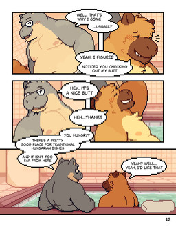 anthro belly blush bottomwear brown_body brown_fur clothed clothing dialogue duo fur hot_spring inside loincloth loincloth_only male moobs navel nipples open_mouth overweight overweight_anthro overweight_male partially_submerged smile speech_bubble text topless water conditional_dnp mabit gabe_(mabit) manny_(mabit) capybara caviid common_hippopotamus hippopotamid mammal rodent 2026 comic digital_media_(artwork) english_text hi_res pixel_(artwork)