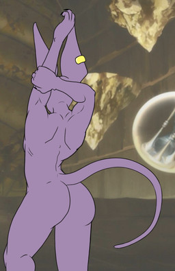 anthro butt ear_piercing hairless piercing purple_body purple_skin screencap screencap_background solo standing stretching wide_hips theoryofstrings dragon_ball dragon_ball_super beerus domestic_cat felid feline felis hairless_cat mammal sphynx_(cat) hi_res