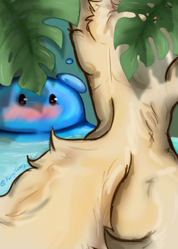 anthro bare_back bathing blush covering duo female fur lake leaf tan_body water furrymammy slime_rancher sariel_kitsune canid canine fox mammal puddle_slime slime_(slime_rancher) absurd_res hi_res