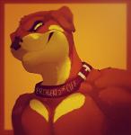 anthro brown_body brown_fur brown_nose clothed clothing collar fur looking_at_viewer male pecs simple_background smile solo topless yellow_body yellow_fur l-i-t-t-l-e_f-i-r-e wylderottie canid canine canis domestic_dog mammal mastiff molosser rottweiler