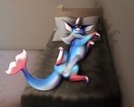 bed female feral furniture genitals looking_at_viewer pussy solo stretching tail foxydraws nintendo pokemon amira_(cafe_plaisir) eeveelution generation_1_pokemon pokemon_(species) vaporeon hi_res