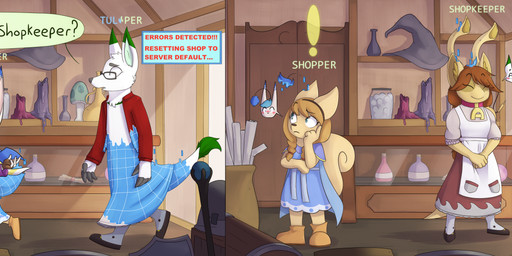 anthro assimilation before_and_after blue_hair braided_hair brown_body brown_hair clothing detailed_background dialogue door dress duo exclamation_point eyewear female footwear fur gameplay_mechanics gender_transformation glasses hair horn identity_death inside male mind_control mtf_transformation npc_transformation shoes smile species_transformation standing store tail text transformation white_body white_fur wings fauvfox final_fantasy neopets square_enix erakir tuli_(metrohunter) bori_(neopets) canid mammal moogle neopet_(species) rodent sciurid tree_squirrel 2024 absurd_res digital_media_(artwork) english_text hi_res