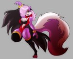 anthro bangle big_breasts bracelet breasts cape chest_tuft clothing fangs female fur glint hair hair_over_eye jewelry leotard looking_at_viewer one_eye_obstructed purple_body purple_fur red_eyes solo teeth toeless_legwear toeless_stockings tuft white_hair solratic tiny_toon_adventures warner_brothers fifi_la_fume mammal mephitid skunk vampire absurd_res hi_res