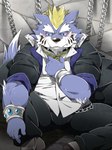 anthro black_nose blue_body blush bottomwear bound chain chained clothing detailed_background kemono male pants shirt sitting solo topwear white_body nikiciy lifewonders tokyo_afterschool_summoners fenrir_(tas) canid canine canis mammal wolf 2017