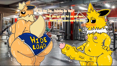 4_fingers anthro balls belly big_belly big_butt big_penis blue_clothing blush bodily_fluids bottomwear butt clothing duo fingers fur genitals gesture glistening glistening_body gym hand_gesture huge_butt huge_penis male male/male nipples orange_body orange_fur overweight penis pointing pointing_at_penis presenting presenting_hindquarters shorts shortstack sweat tan_body tan_fur text text_on_clothing vein veiny_penis white_body white_fur yellow_body yellow_fur domlol nintendo pokemon wide_load flare_(domlol) zap_(domlol) eeveelution flareon generation_1_pokemon jolteon pokemon_(species) colored