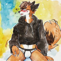 abstract_background anthro black_clothing black_hoodie black_nose black_topwear blush bodily_fluids bottomwear briefs brown_hair bulge cheek_tuft clothed clothing ear_piercing ear_ring ears_back facial_tuft front_view fur hair hoodie hoodie/briefs_meme male midriff open_mouth orange_body orange_fur pants piercing pivoted_ears ring_piercing short_hair simple_eyes sitting solo sweat topwear tuft underwear unsigned white_body white_bottomwear white_briefs white_clothing white_fur white_pants white_underwear akatan_art canid canine fox mammal 1:1 hi_res traditional_media_(artwork)
