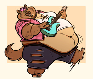 anthro barefoot belly big_belly big_cheeks bottomwear brown_body brown_fur chubby_cheeks clothing collar collared_shirt dress_shirt ear_piercing electric_guitar eyebrow_piercing eyes_closed facial_hair facial_piercing feet fur goatee guitar hair huge_belly huge_cheeks love_handles male moobs motion_lines musical_instrument navel obese obese_anthro obese_male open_mouth overweight overweight_anthro overweight_male pants piercing pink_clothing pink_hair pink_shirt pink_tongue pink_topwear playing_guitar playing_music plucked_string_instrument shirt solo spots string_instrument thick_thighs tight_clothing tongue topwear torn_bottomwear torn_clothing torn_pants torn_shirt torn_topwear white_clothing white_shirt white_topwear lizard_soup taliesin_eaton hyena mammal absurd_res hi_res