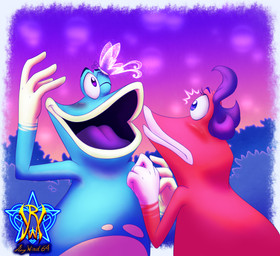 anthro big_mouth_(anatomy) blue_body blush countershade_hands countershading duo emanata female flash_emanata gradient_sky hair logo magenta_body male naturally_unclothed one_eye_closed open_mouth open_smile plant purple_blush purple_eyes purple_hair purple_tongue shrub sky smile tongue raywind64 rayman_(series) ubisoft globox uglette ambient_arthropod ambient_butterfly ambient_insect amphibian frog hi_res signature story story_in_description