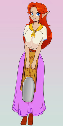belt big_breasts blue_eyes breast_squish breasts collarbone eyebrows eyelashes female hair holding_object humanoid_pointy_ears kerchief neckerchief neckwear not_furry open_mouth open_smile orange_hair pointy_ears smile solo squish scorpdk nintendo the_legend_of_zelda malon humanoid hylian 2026 hi_res