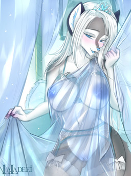 accessory anthro areola bedroom_eyes big_breasts blue_areola blue_clothing blue_eyes blue_genitals blue_nipples blue_nose blue_tongue blue_vulva blush bra breasts clothed clothing crown curtains facial_piercing female female_anthro fur furgonomic_piercing furgonomics garter_belt garter_straps genitals grey_body grey_fur hair headgear inner_ear_fluff jewelry legwear lingerie long_hair looking_at_viewer muzzle_piercing narrowed_eyes nipples nose_piercing open_mouth panties piercing princess royalty seductive smile solo stockings straps tiara tongue translucent translucent_clothing tuft underwear vulva white_body white_fur white_hair laladeei clover_renfew canid canine canis mammal wolf absurd_res digital_media_(artwork) hi_res