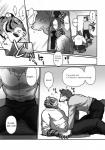 2014 akira_(maririn) anthro big_muscles bottomwear canid canine canis clothing comic dialogue duo felid furniture greyscale hi_res japanese_text kazuhiro_nakata male male/male mammal maririn monochrome muscular muscular_male pantherine pants pinned seductive shirt table text tiger topwear translated wolf