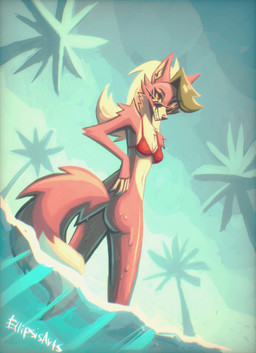 anthro bikini bikini_top biped bottomless bottomless_anthro bottomless_female breasts butt clenched_teeth clothed clothing day eyewear female fingers fur grey_hair hair head_turned humanoid_hands long_hair long_tail looking_at_viewer looking_back looking_down low-angle_view medium_breasts navel orange_body orange_fur outside palm_tree partially_submerged plant pose rear_view red_bikini_top shadow sharp_teeth skimpy smile solo standing sunglasses swimwear tail tan_body tan_fur teeth text tree two-piece_swimsuit water water_drop wet wet_body wet_fur ellipsisarts five_nights_at_freddy's five_nights_at_freddy's:_security_breach scottgames steel_wool_studios roxanne_wolf canid canine canis mammal wolf 2023 absurd_res artist_name digital_media_(artwork) hi_res pinup shaded