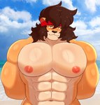 abs anthro beach bodily_fluids brown_hair brown_mane clothing cloud hair hands_behind_back headgear headwear kerchief male mane muscular muscular_anthro muscular_male nipples pecs sky smile solo sweat sweatdrop sweaty_body yellow_eyes matsumoto_hk hanzo_(matsumoto_hk) felid feline lion mammal pantherine hi_res