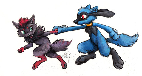 ambiguous_gender black_body black_fur black_lips black_nose blue_body blue_fur collar dark_body dark_fur digitigrade duo eye_contact feet feral fur gloves_(marking) green_eyes hand_holding handpaw hindpaw inner_ear_fluff leg_markings lips long_mouth looking_at_another looking_back markings neck_tuft open_mouth pawpads paws realistic red_body red_eyes red_fur running side_view simple_background snout socks_(marking) tongue tuft white_background kenket nintendo pokemon canid canine generation_4_pokemon generation_5_pokemon mammal pokemon_(species) riolu zorua 2015 absurd_res hi_res painting_(artwork) traditional_media_(artwork) traditional_painting_(artwork) traditional_watercolor_(artwork) watercolor_(artwork)