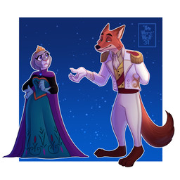 4_toes 5_fingers anthro barefoot clothed clothed_anthro clothed_female clothed_male clothing cosplay crossover_cosplay crown dress duo feet female fingers fur gloves grey_body grey_fur handwear headgear hindpaw humanoid_hands male male/female multicolored_body multicolored_fur night paws pink_nose red_body red_fur smile standing tail tan_body tan_fur tiara toes two_tone_body two_tone_fur white_body white_fur thewerewolf31 disney frozen_(disney) zootopia elsa_(frozen) hans_(frozen) judy_hopps nick_wilde canid canine european_rabbit fox lagomorph leporid mammal oryctolagus rabbit red_fox true_fox 1:1 crossover hi_res