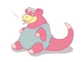 clothing drugs feral grey_hair hair implied_transformation male marijuana markings mole_(marking) oversized_clothing pink_body pink_skin simple_background sitting smoking solo substance_intoxication white_background white_body white_skin sortasheepish nintendo pokemon generation_1_pokemon pokemon_(species) slowpoke