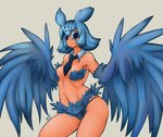 blue_body blue_feathers breasts camel_toe clothing feather_tuft feathers female freckles looking_at_viewer necktie simple_background solo tuft winged_arms wings ricocake interspecies_reviewers mimilo_(interspecies_reviewers) animal_humanoid avian avian_humanoid bird_humanoid humanoid owl_humanoid hi_res